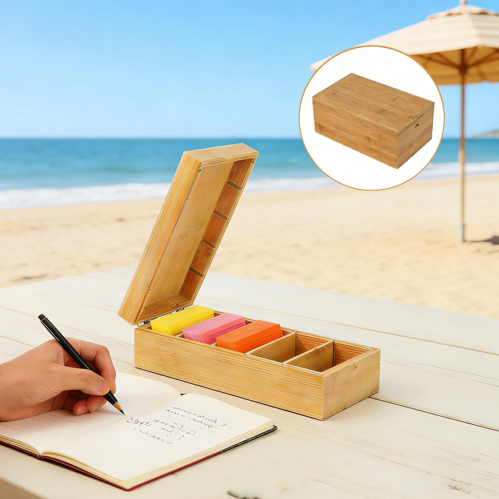 Boîte à Fiches en Bois 4 Compartiments Ajustables pour Fiches A8 22.2x9.5x7cm