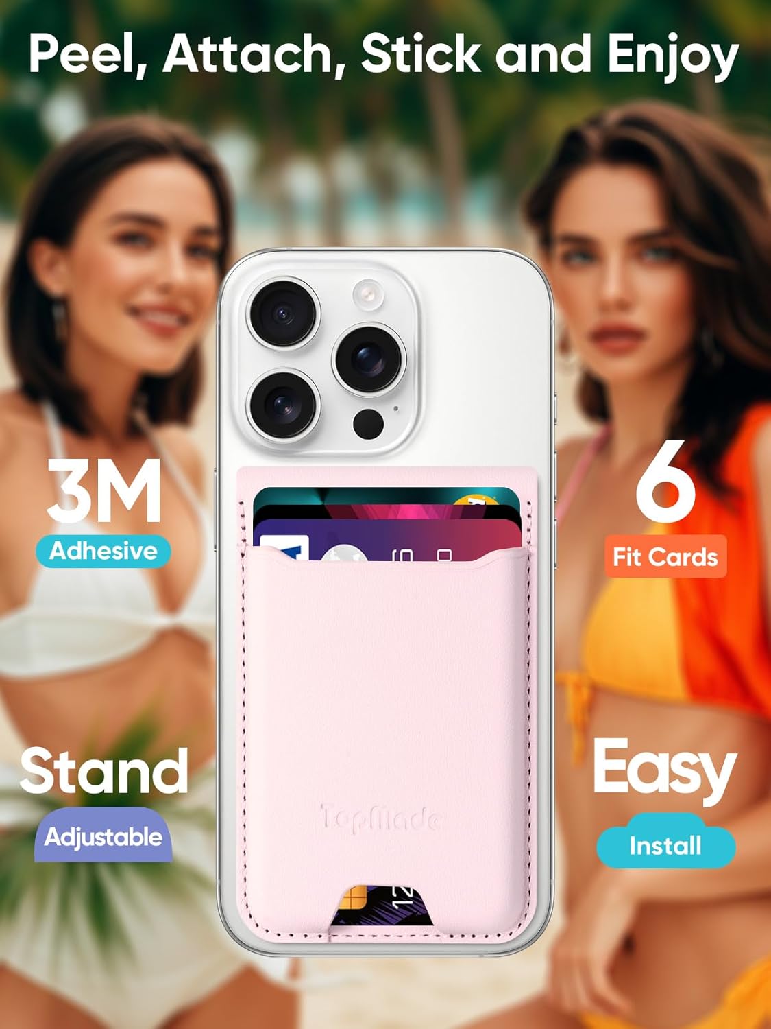 TopMade Phone Card Holder, Leather Phone Wallet Stick on with Stand, Open ID Window, Strongest 3M Adhesive Credit Card Holder for Back of Phone Case, iPhone, Samsung, and Android, Fit 6 Cards, Pink - Image 2