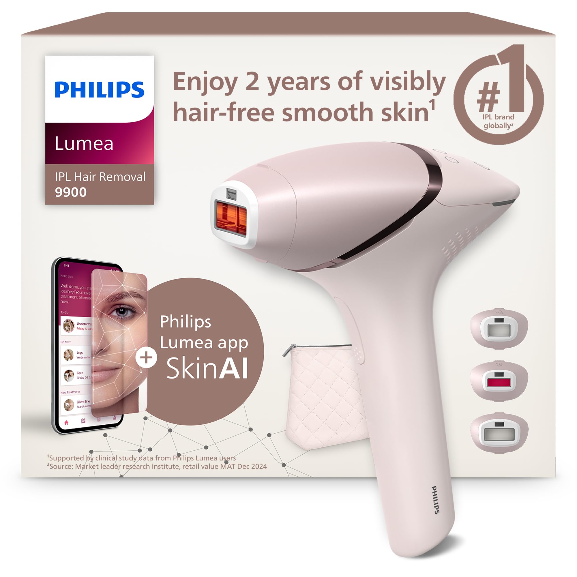 Philips Lumea 9900 Series, IPL Hair Removal Device, Laser Hair Removal Alternative, SenseIQ and SkinAI Technology, 3 Attachments for Body, Face and Precision Areas, Corded & Cordless Use, BRI953/02