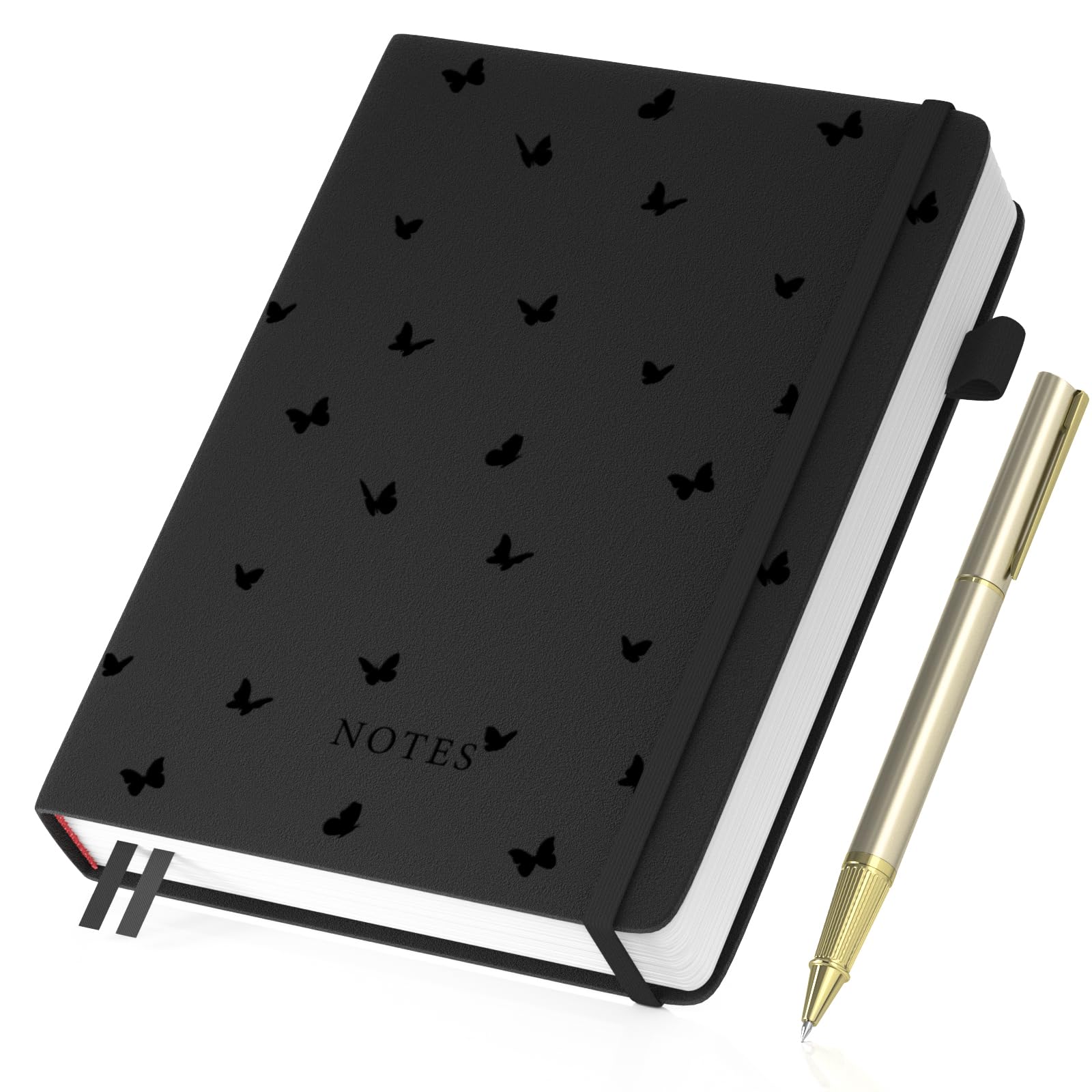 Umriox A5 Notebook Journals for Women, 365 Pages Hardcover Butterfly Thick Notepad with 100GSM No Bleed Paper, Composition Notebooks with Pen, 14 x 21 cm-Black