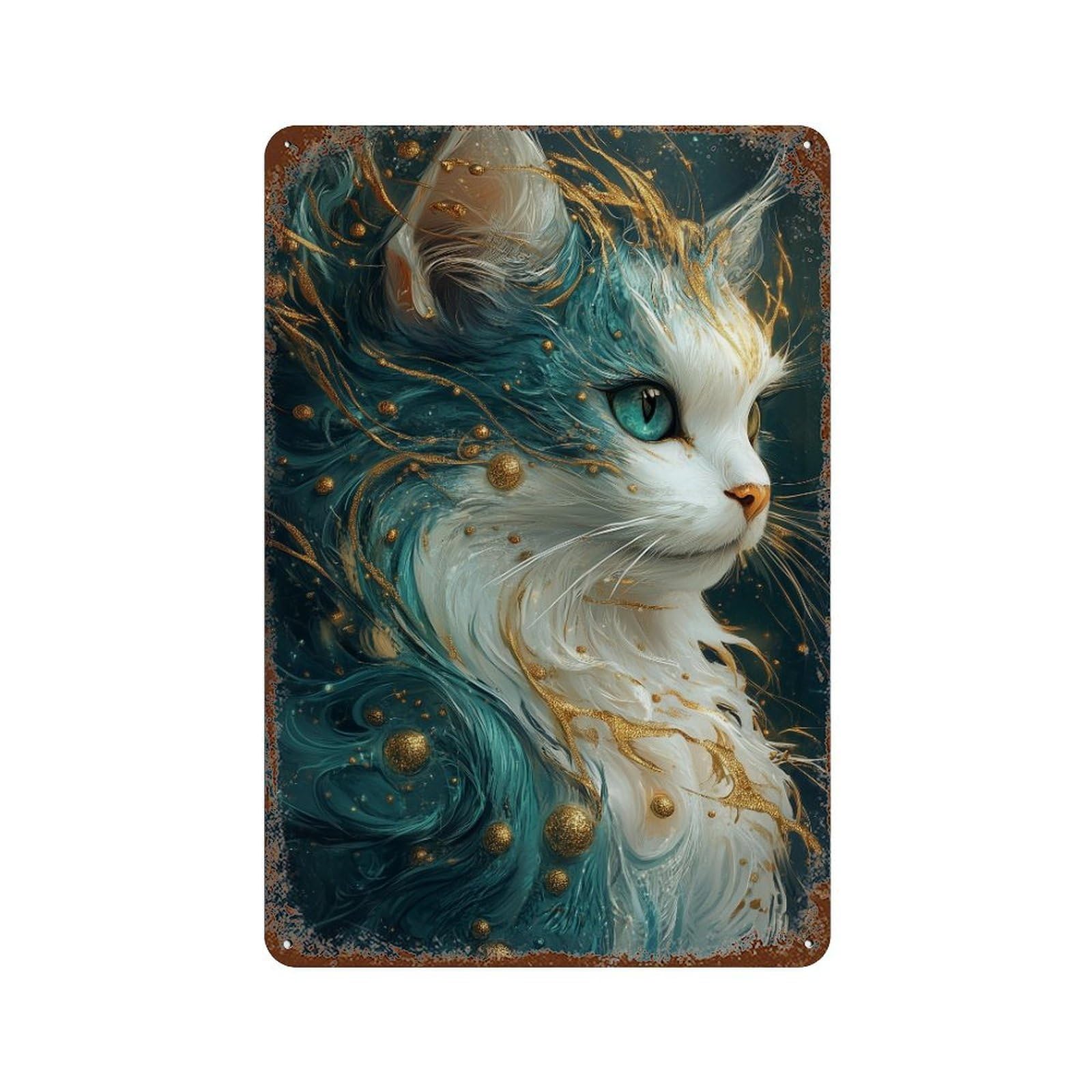 Magical Fantasy Cat Artwork -2 Aged Metal Wall Plaque 11.8"x7.9", for Office, Studio And Wall Decor, Novelty Wall Decor