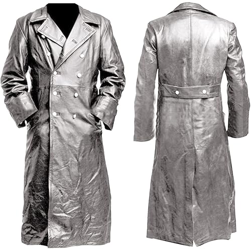 tuduoms Mens Vintage Classic WW2 Officer Military Uniform Black Leather Trench Coat Jacket Long Trench Coat Motorcycle Jakcet