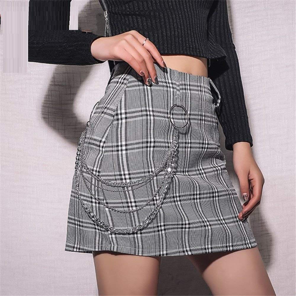 Falda Mujer Mini,Falda Acampanada De Cintura Alta Cadena De Metal A Cuadros Gris Verano Lindo Dulce Lápiz Bodycon Falda Corta con Cremallera para Niñas Damas Playa Fiesta De Vacaciones