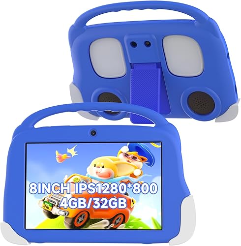 Aheadthink Tableta para niños de 8 pulgadas 4GB RAM 32GB ROM Expansión de 512GB, con estuche protector de silicona, cámara dual, para educación,
