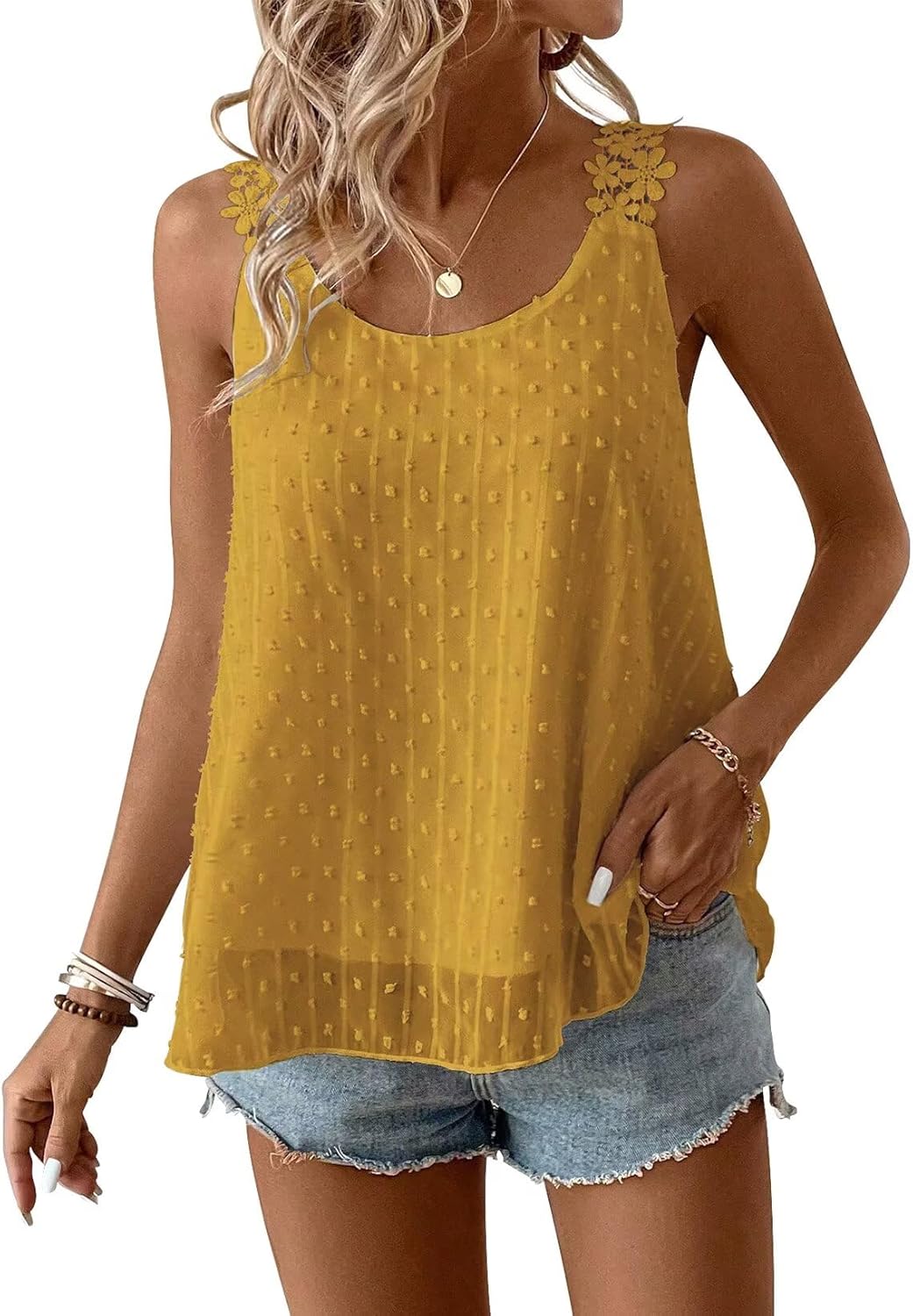 Womens Tank Tops Flowy Sleeveless Summer Boho Tank Top for Women Casual Crewneck Strap Lace Camisole Shirts