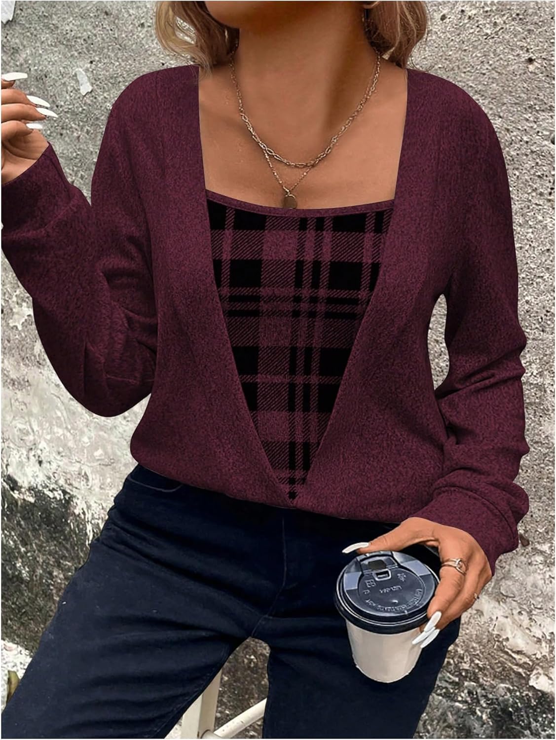 Floerns Women's Plus Size Plaid Blouse Wrap Square Neck Long Sleeve Business Casual Tops - Image 2