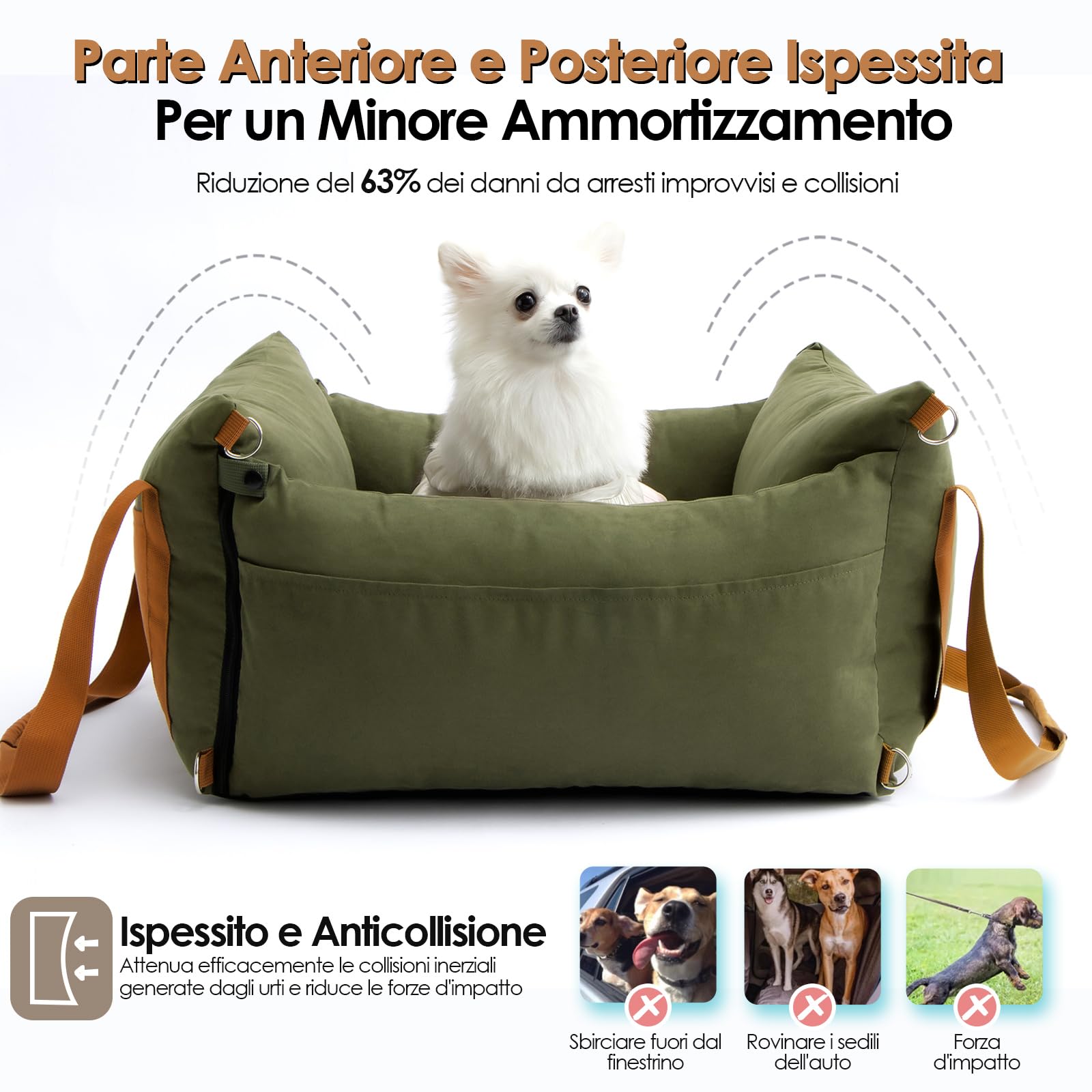 Seggiolino auto per cani di piccola taglia sotto i 15 kg, per cani di piccola taglia con zona di riposo allungabile, rimovibile e lavabile, cuccia per cani con scomparti e cintura di sicurezza