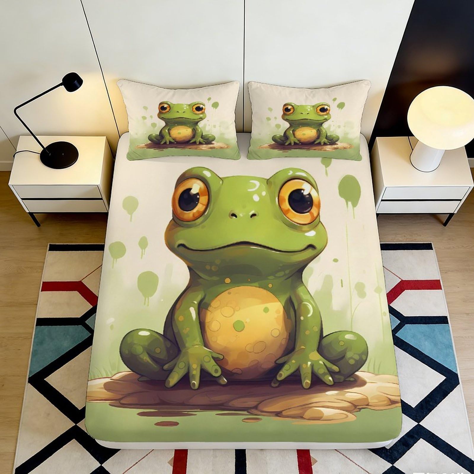 3D Printed Cartoon Frog Fitted Sheet Microfiber Deep Pocket Non-Slip Bedroom Bedding Frog Mattress Fitted Cover 140x200x25cm