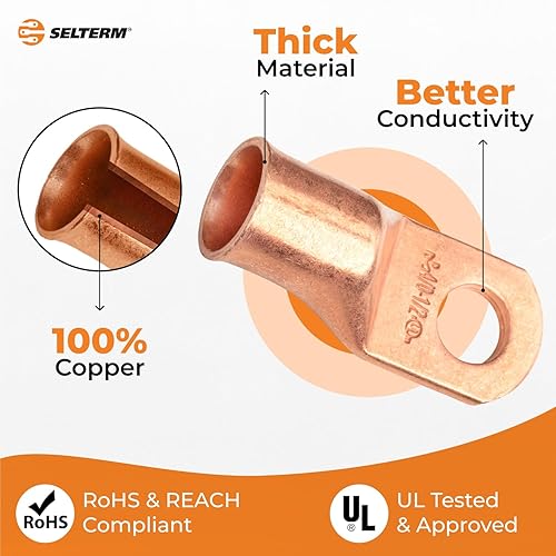 Miniatura 292 de SELTERM - 2 terminales de anillo resistentes para cable de batería, calibre 4 AWG, pernos de 3/8 pulgadas, terminales de calibre 4, ojales de cobre