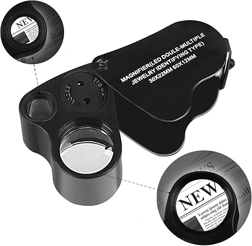 Miniatura 4 de JARLINK Paquete de 2 lupas de joyería iluminadas de 30 x 60 X, lupas plegables de joyería con luz LED brillante para gemas, joyas, monedas, sellos