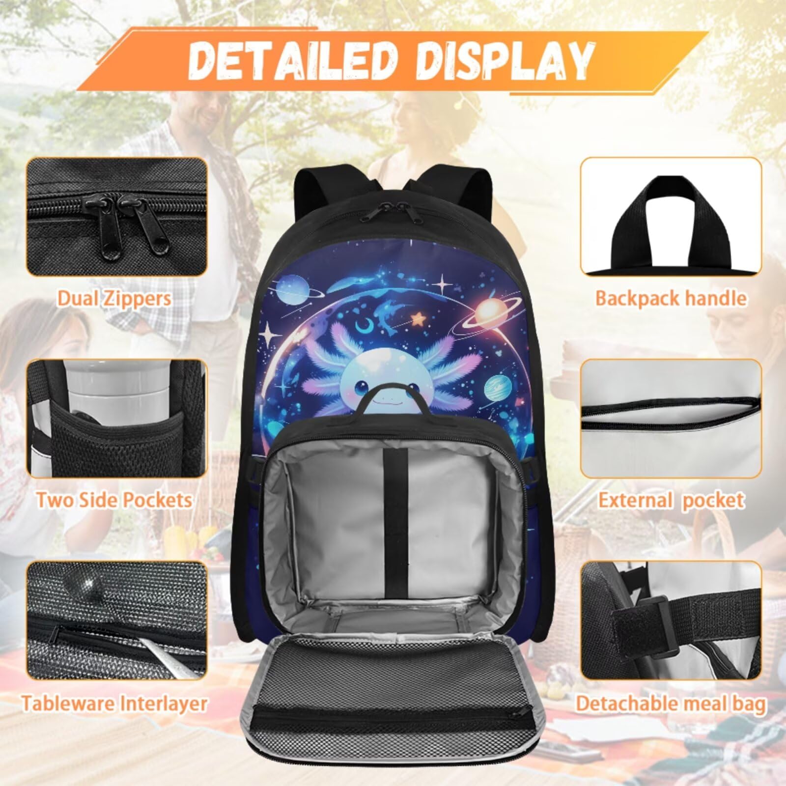 Kinder-Rucksack, Schultasche und Lunchbox-Set für die Grundschule, 43,2 cm, mit Wasserflaschentasche, Axolotl Galaxy, M, Casual