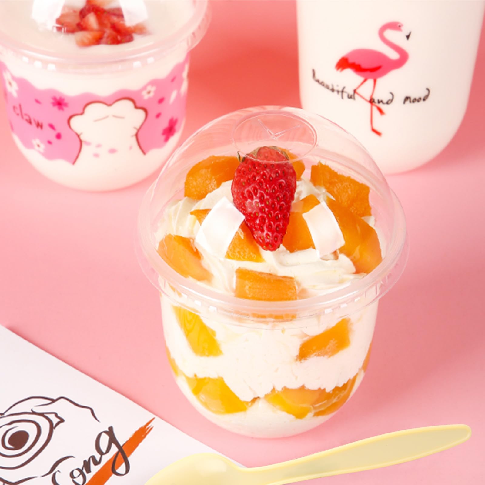 STARVAST 100 tazze da dessert con coperchio a cupola, 250 ml, tazze da dessert in plastica con 100 coperchi e 100 cucchiai, tazza da dessert riutilizzabile per mousse crema al cioccolato mousse