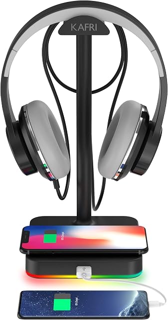 RGB Headphone Stand with Wireless Charger KAFRI Desk Gaming Headset Holder Hanger Rack with 10W/7.5W QI Charging Pad and QC 3.0 USB Port - Suitable for Gamer Desktop Table Game Earphone Accessories