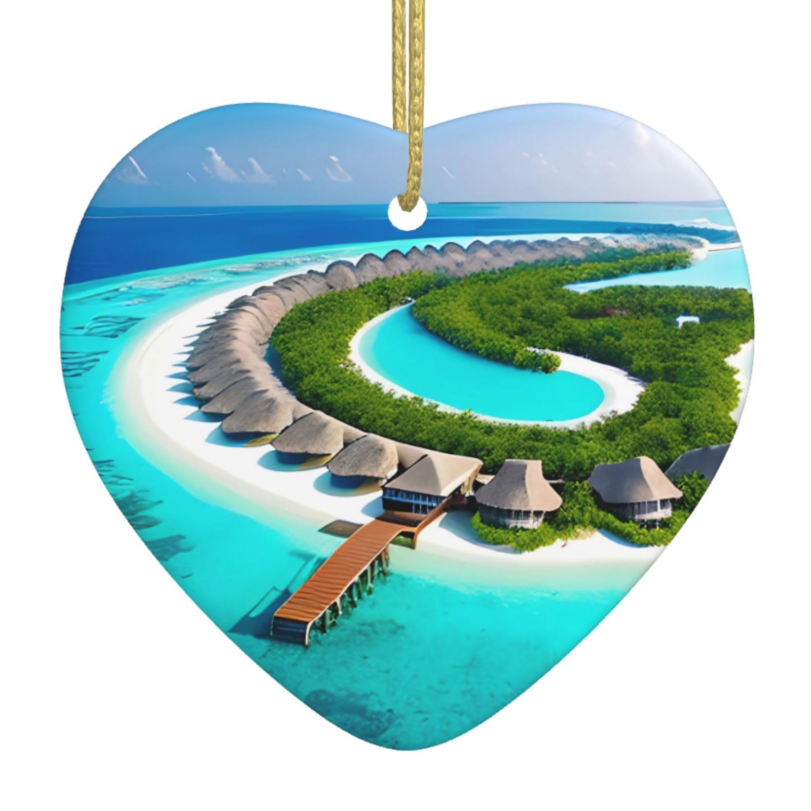 Maldives Scenery Ceramic Christmas Heart Pendant with Silk Thread, Christmas Tree Home Decoration
