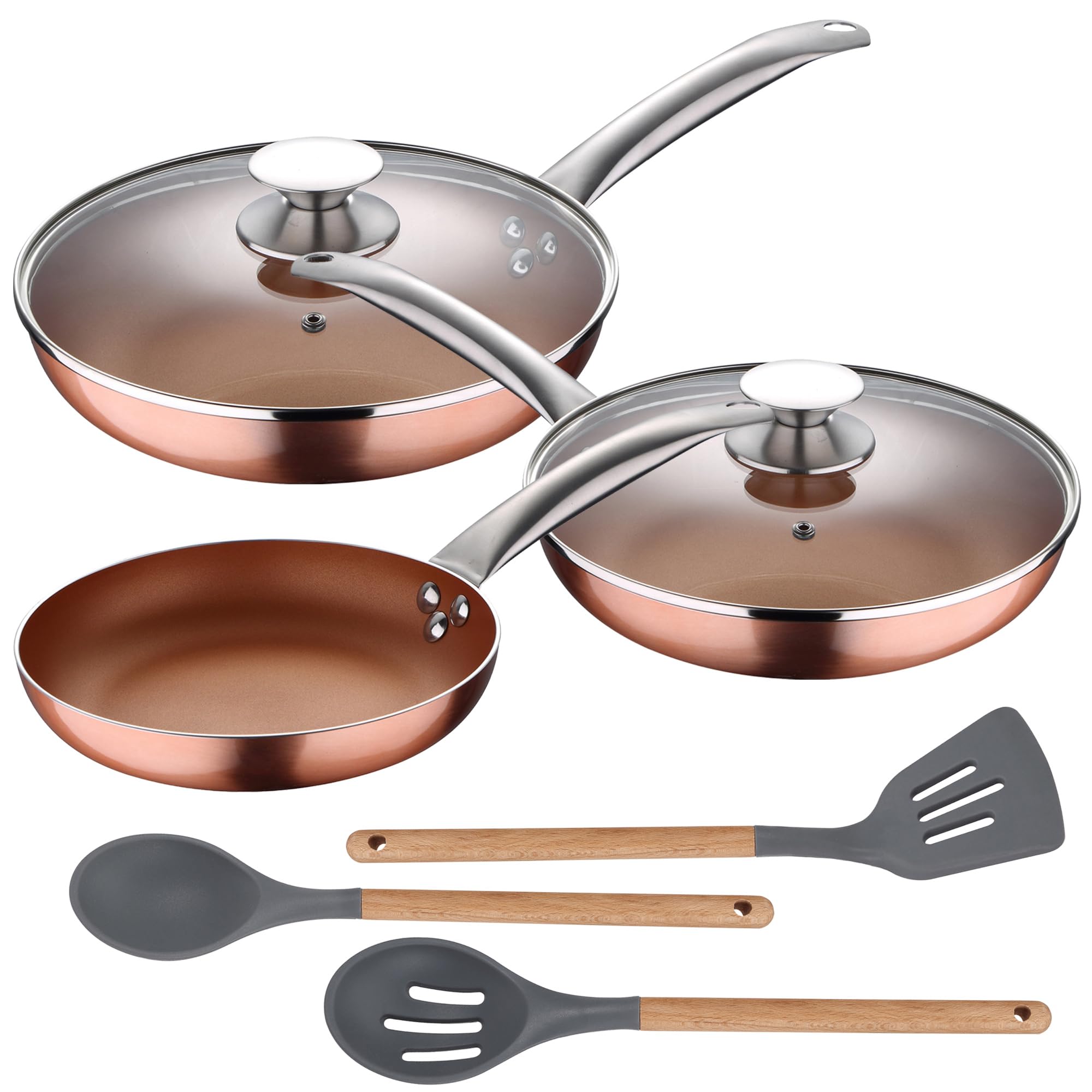 San Ignacio Set of 5 Frying Pans 20,24,28 mm (with lid) Pressed Aluminium Induction with Set of 3 Kitchen Utensils Silicone Wood