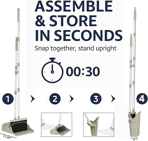 Miniatura 4 de AISHUJIE Juego combinado de escoba con recogedor  Juego de escoba y recogedor de mango largo de 52 pulgadas con dientes autolimpiantes, bandeja para