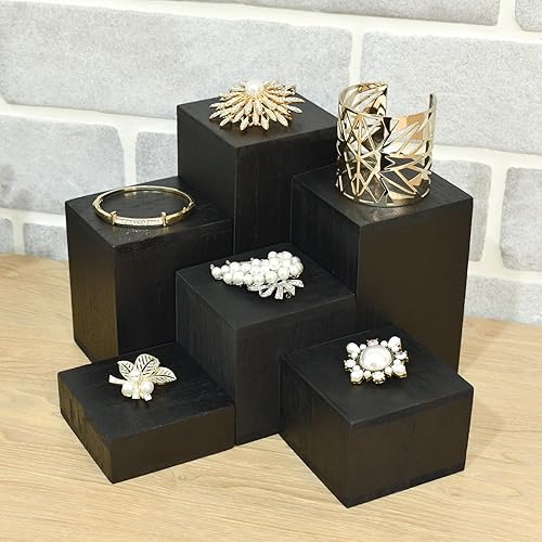 Miniatura 8 de MOOCA 6 soportes cuadrados de madera para exhibición de joyas y accesorios, soporte de exhibición de madera para figurita de joyería, color negro