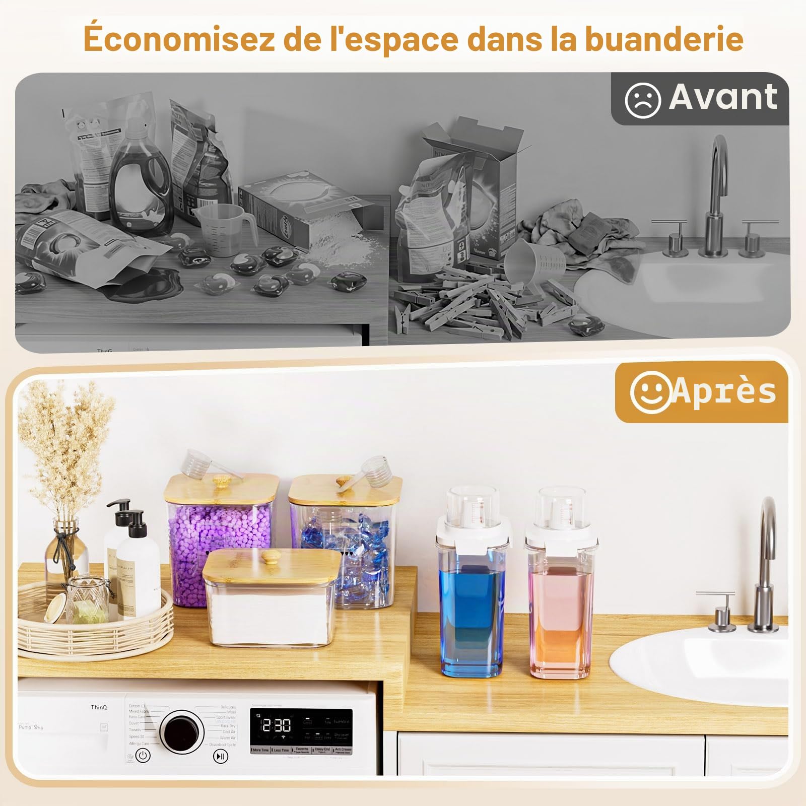 Yorbay Lot de 5 unités de stockage de détergent : distributeur de détergent transparent avec gobelet doseur et étiquettes, récipient avec couvercles en bambou et cuillères pour lessive en poudre