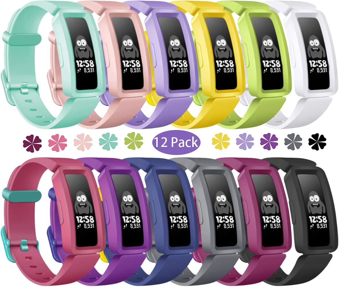 KOLEK Bands Compatible with Fitbit Ace 2 for Kids,Soft Silicone Waterproof Bracelet Accessories Sports Watch Strap Wristbands Replacement for Fitbit Ace 2 Boys Girls (12pack)