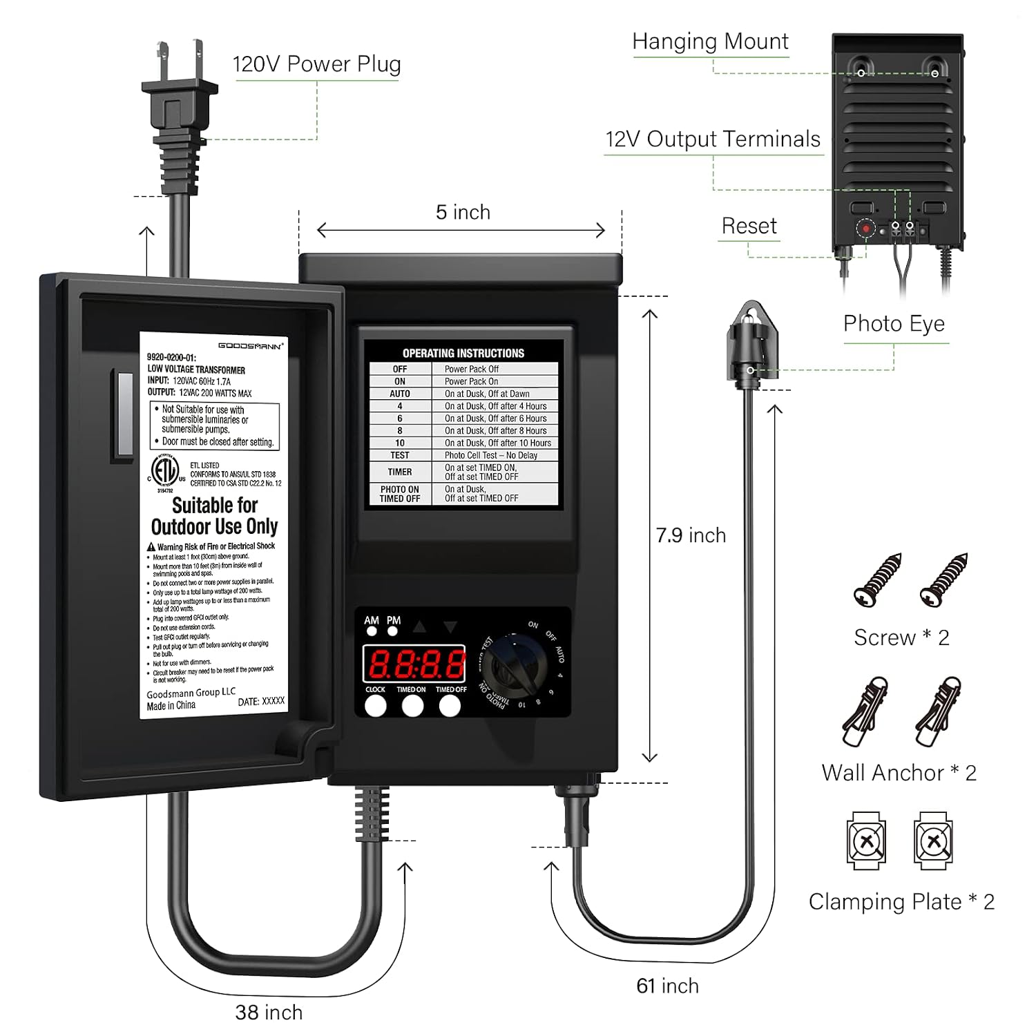 GOODSMANN Low Voltage Transformer Low Voltage Landscape Lighting Spotlight Outdoor Transformer with Photo Eye and Timer 120V Input 12V Output (200 Watts)