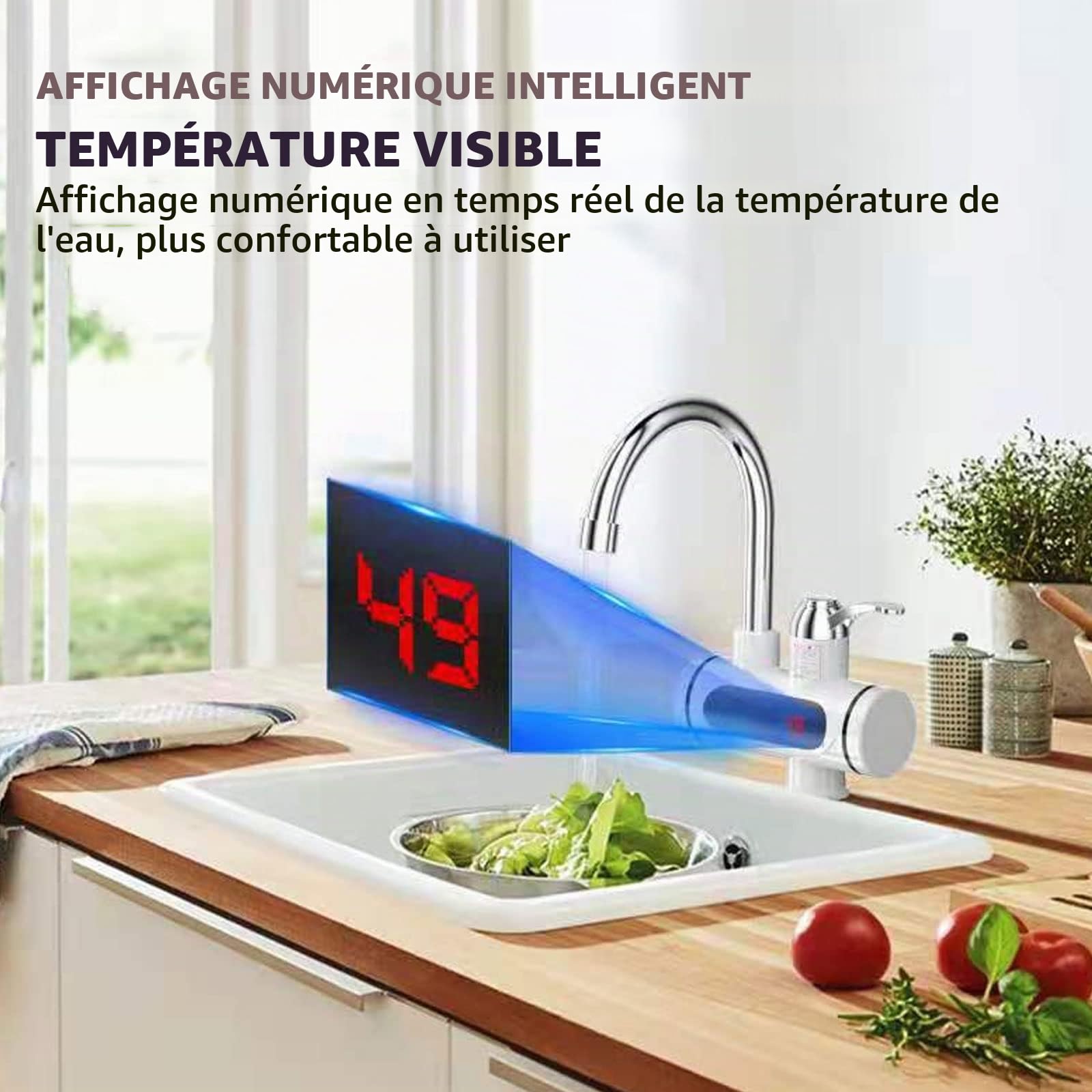 Robinet éLectrique Chaud Instantané 220v 3000w Chauffe-Eau de Cuisine LED Robinet éLectrique en Acier Inoxydable ChaudièRe à Eau Chaude Rotative à 360 ° Robinet de Cuisine