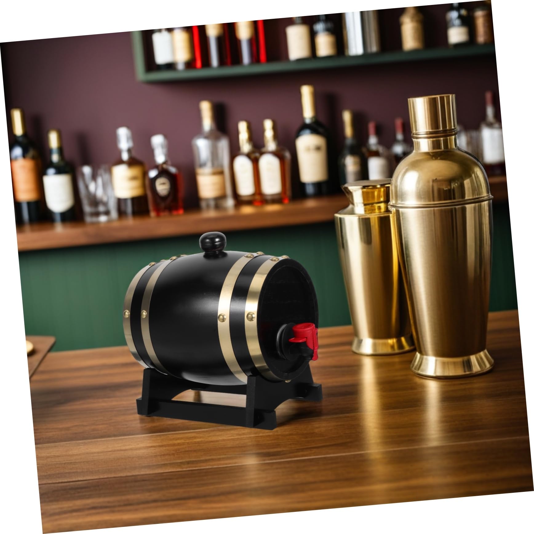ULTECHNOVO Botte in Legno 1l Nera con Supporto per Vino e Liquori | Festival Birra Decor, Design Rustico Elegante, Servizio e Conservazione in Contesti Commerciali e Piccoli Gruppi