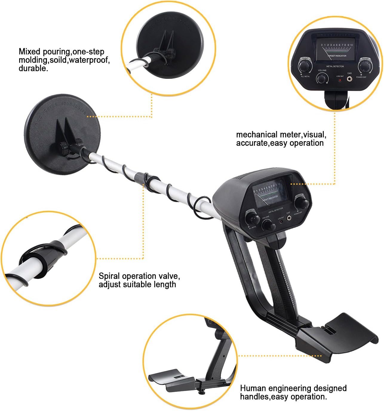 Lightweight Metal Detector,Professional Adjustable Gold Treasure Detectors，Waterproof High Accuracy Search Coil,Within 8 Inches Adjustable Metal Detector with Camping Shovel (Black)