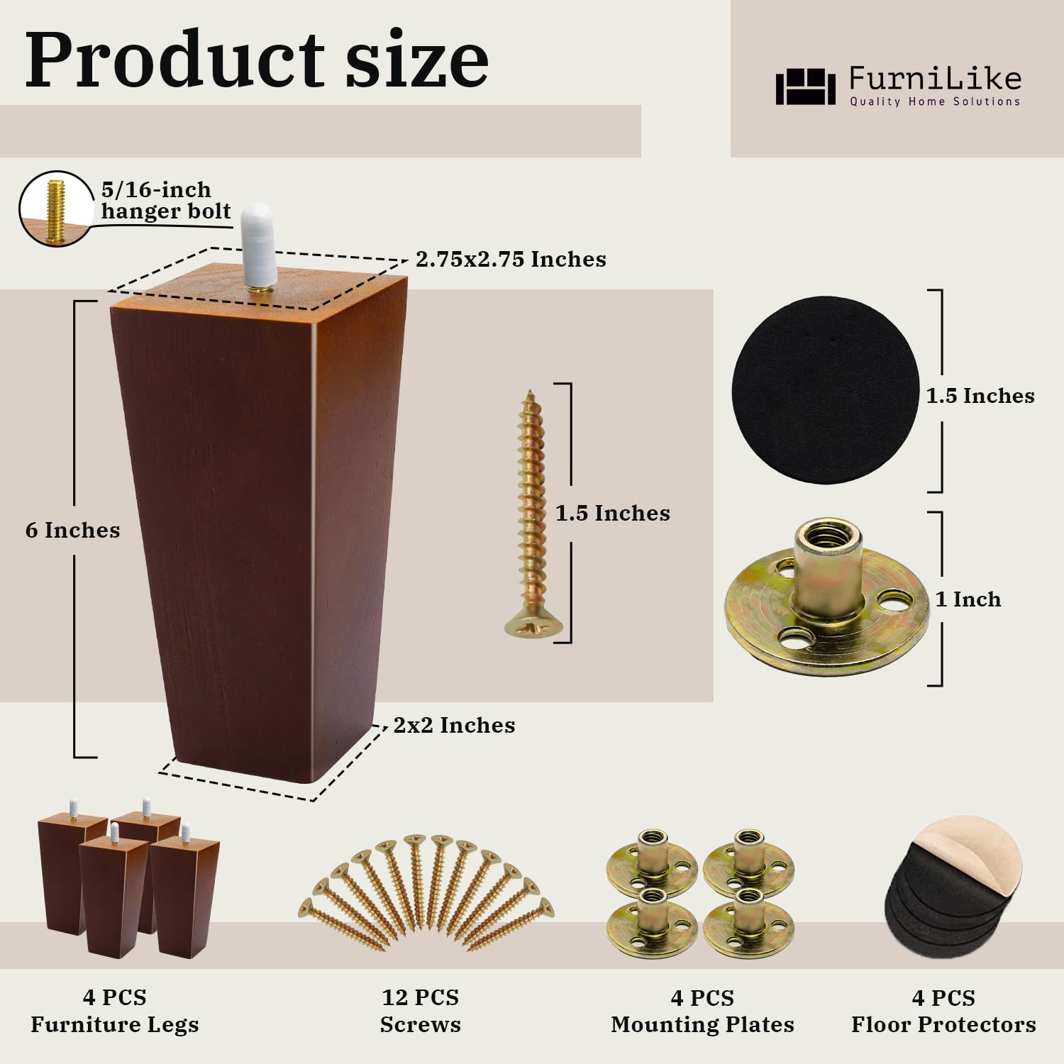 Furnilike Furniture Legs 6 Inch, 4 Pcs - Chocolate Brown Couch Legs Replacement with Rubber Pads - Strong & Stylish Furniture Sofa Legs Holds Up to 700lbs - Perfect for Increasing the Furniture Height