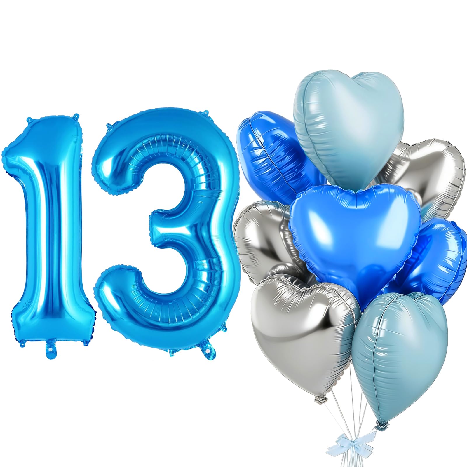 Blue Balloon 13, Foil Balloon Number 13, Heart Foil Balloon Blue Silver, 40 Inch Helium Balloon 13 & 31 with Heart Balloons, Balloon 13th Birthday Decoration Set for Birthday Anniversary Party