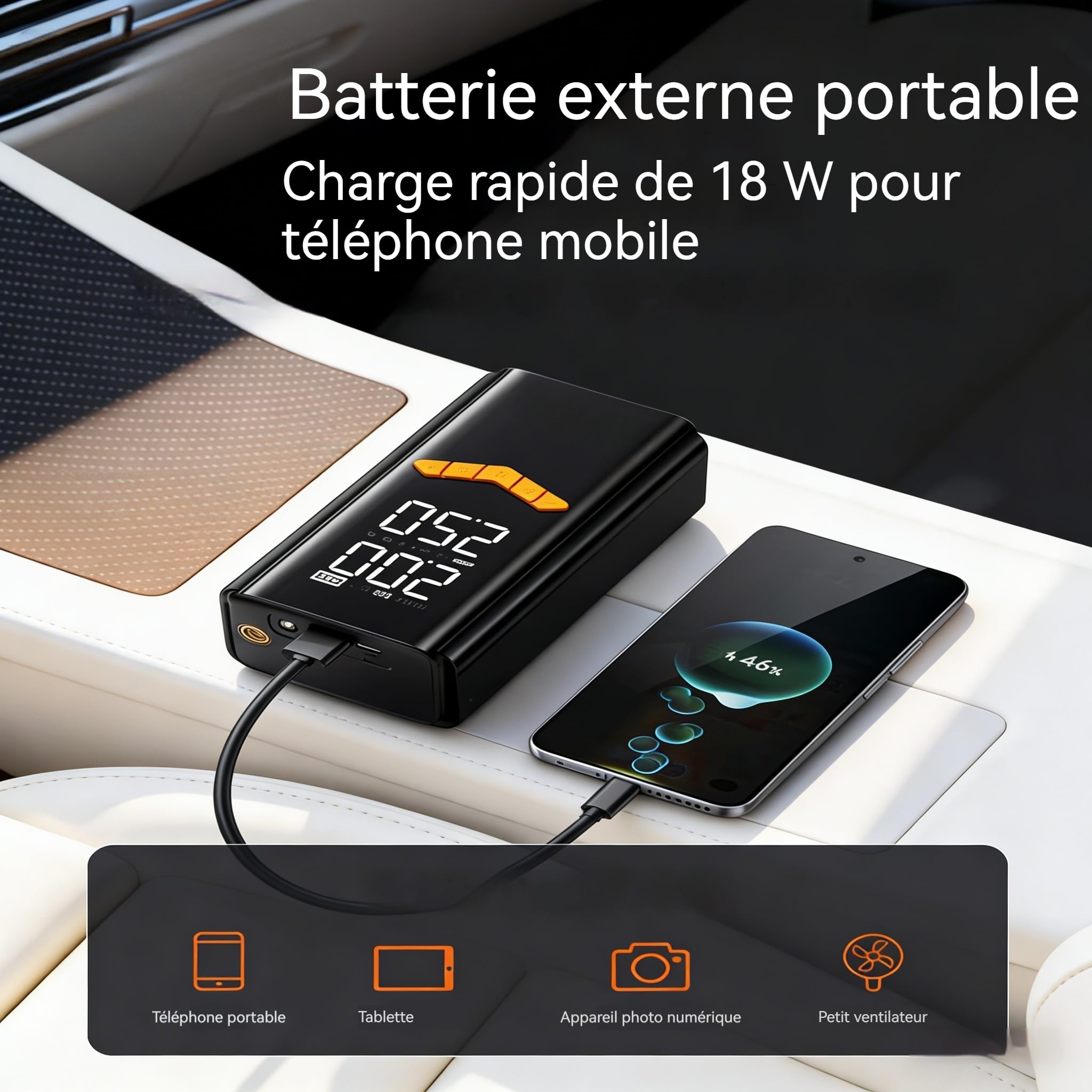 Démarreur De Saut De Voiture 12v 4 en 1, 6000/8000/10000a Booster Voiture Batterie Démarrage Portatif, Pompe De Gonflage De Pneus sans Fil avec LED, Chargeur Nomade Et Lampe De Secours (10000A)