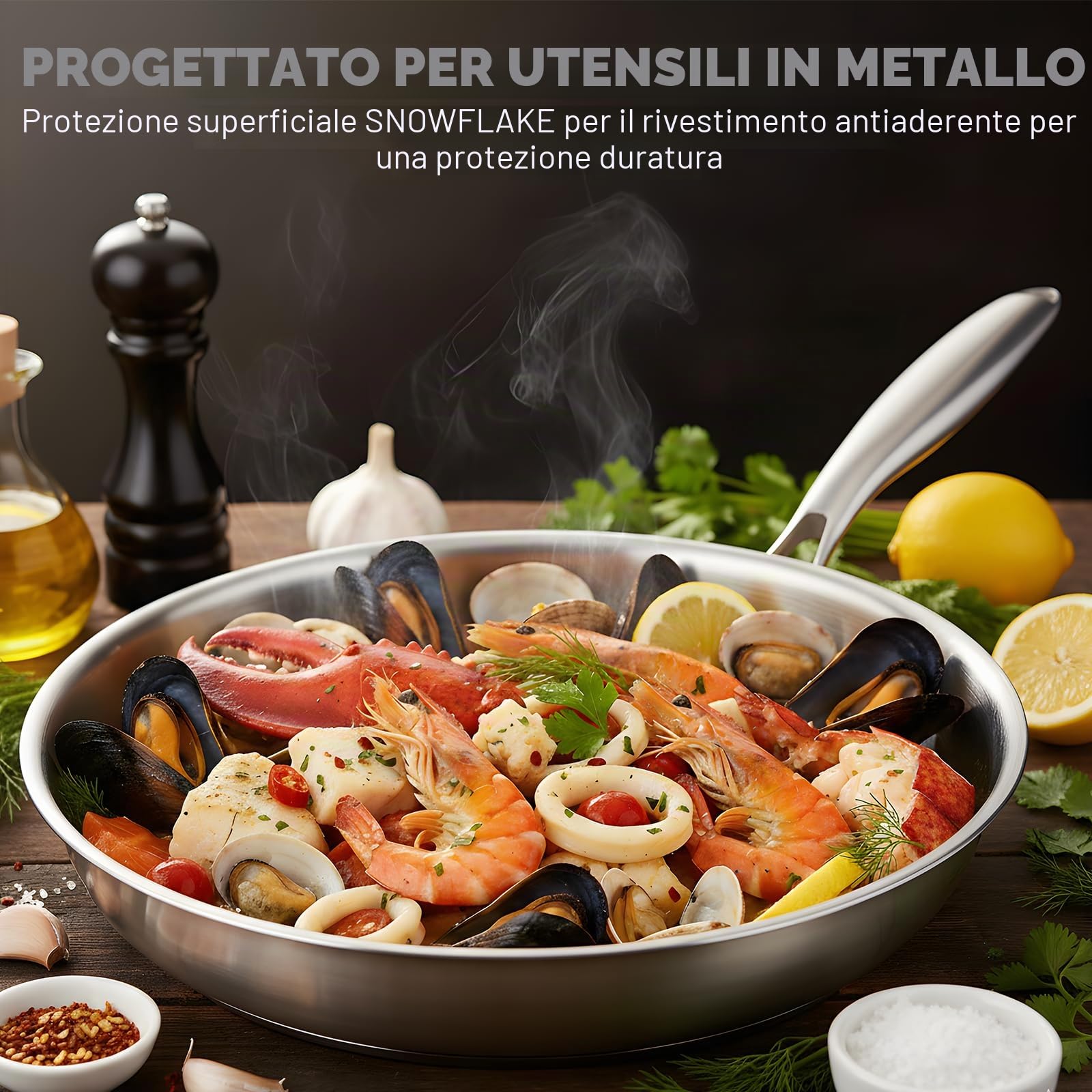 Padella in titanio con coperchio, padelle in titanio con motivo martellato per cucinare, antigraffio, antiaderente, padella Pro a induzione, per cucina e campeggio (28cm)