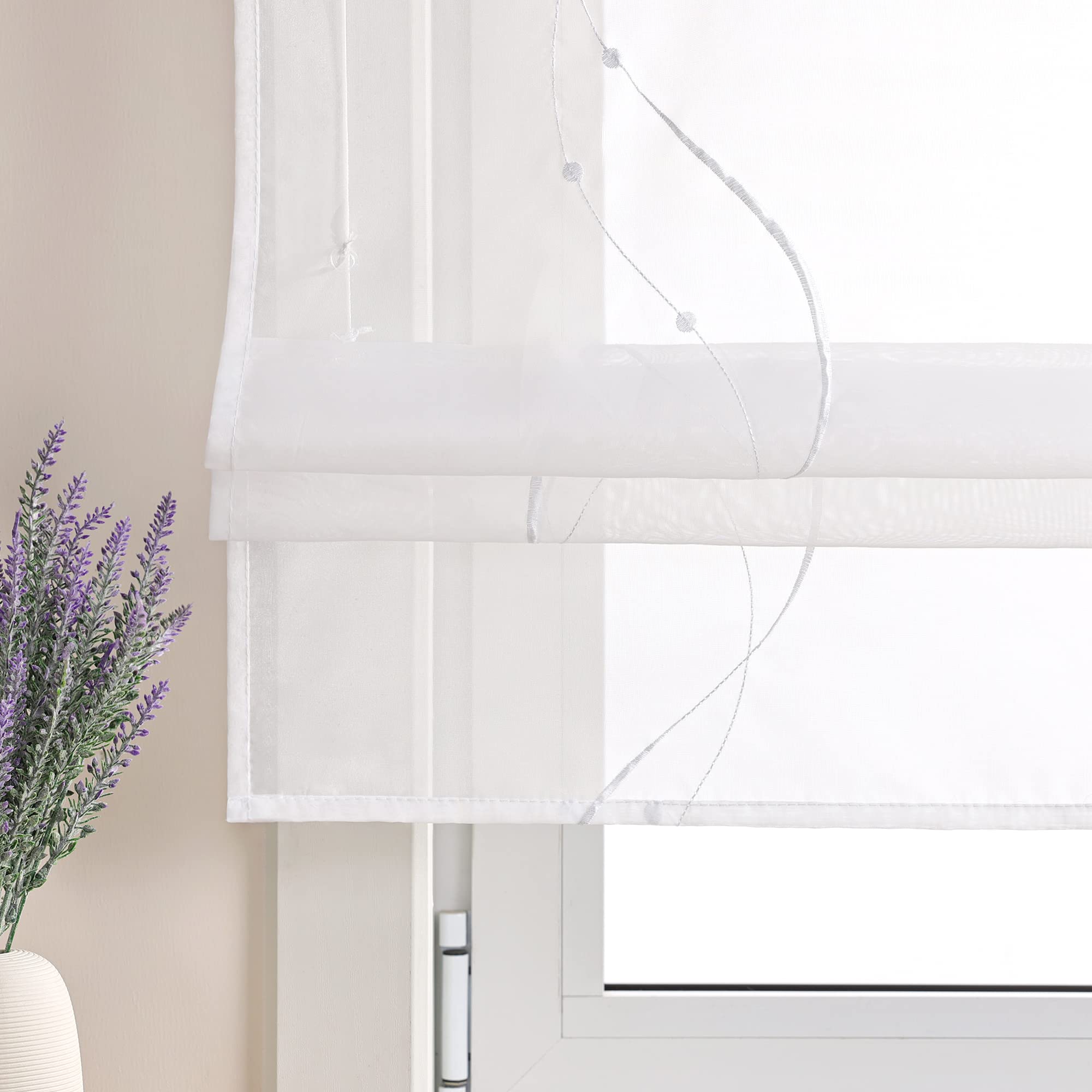 Raffrollo mit Schlaufen Leinenoptik Raffgardine B120 x H140 cm,Weiß | 1 Stück,Mit Stickerei,Transparent,Modern,Schlaufenrollo Landhausstil,Küche Rollo,Mit Wellenmuster,Kurz Fenster Schal
