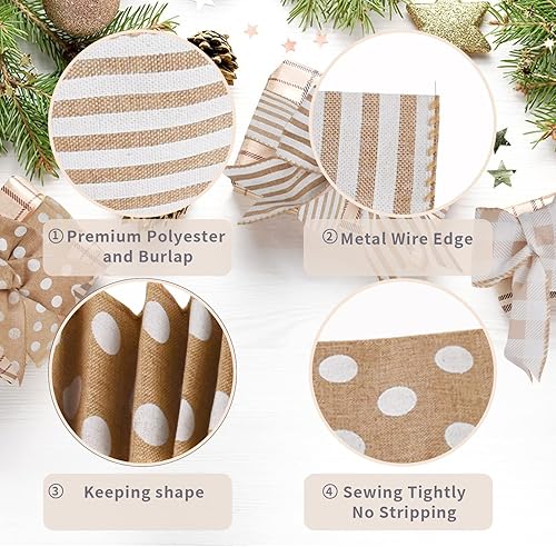 Miniatura 3 de Kit de cinta de corona (4 rollos x 20 yardas)  Poliéster con alambre de 2.5 pulgadas  Rayas de granja, cuadros clásicos y puntos  Sin