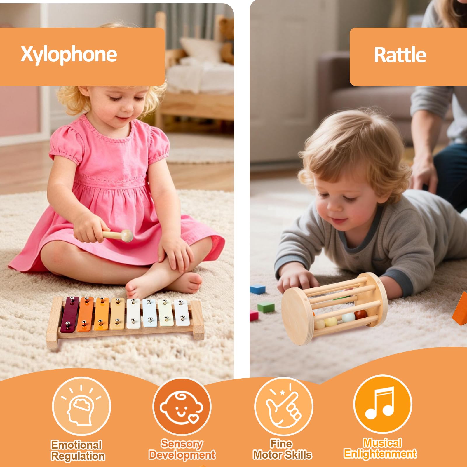 Giochi in Legno Montessori 5 in 1, Regali Bambini 1 Anno, Motricità Fine Bambini 1 2 3 Anni, Giocattolo Educativo Multiattività Bimbo con Torre Impilabile, Xilofono, Labirinto Perline