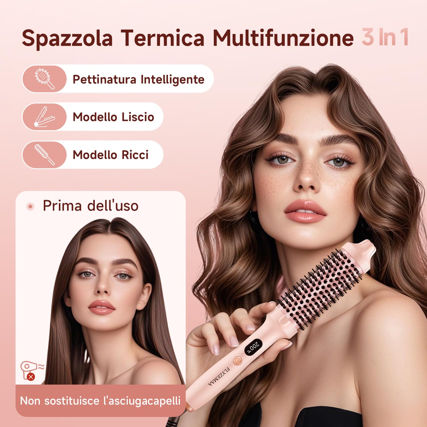 3 in 1 Ceramic Tourmaline Thermal Brush 38 mm Smoothing & Curls with 3 Temp Heating 30s Anti Scalding (Pink)