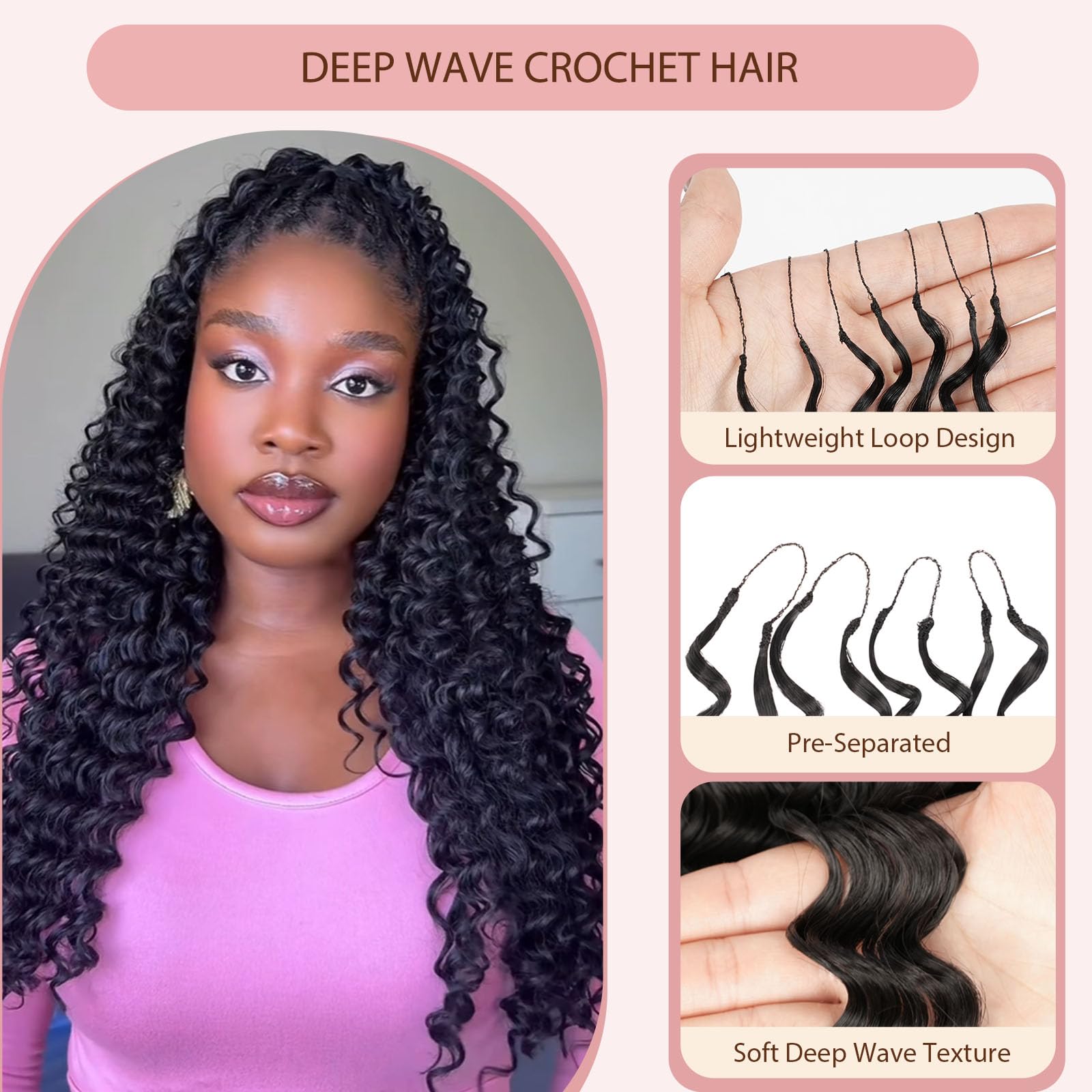 1B Pre-Separated Deep Wave Feather Crochet Hair, Knotless Synthetic Braids