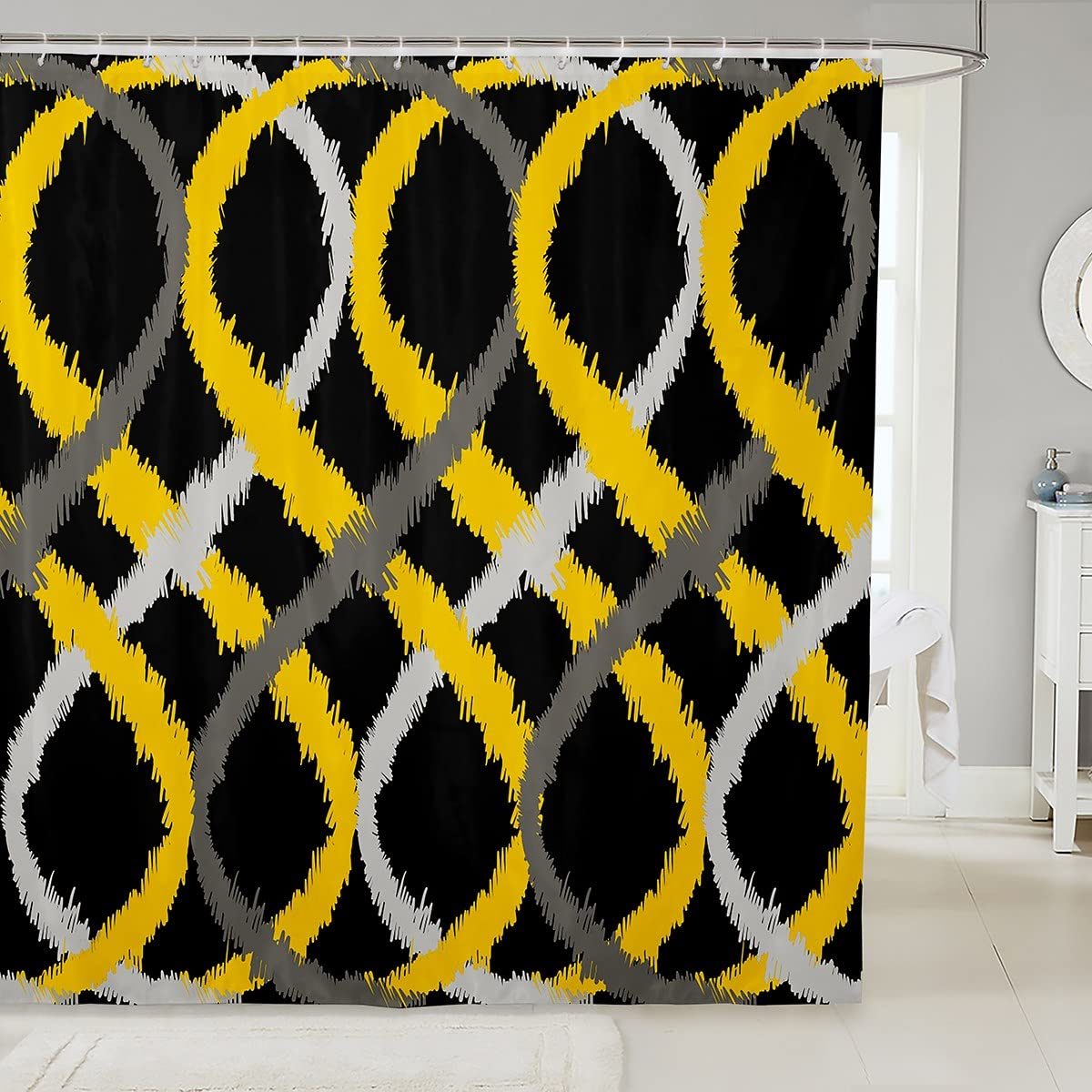 Loussiesd Yellow Grey and Black Shower Curtain Geometric Two-Tone Waves Bathroom Shower Curtain Set Retro Stripe Line Art Bath Curtain Modern Abstract Art Kids Bathroom Accessories 59x71 Inch