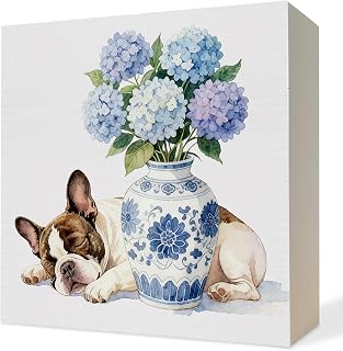 Chinoiserie French Bulldog Hydrangea Wooden Box Sign,Frenchie House Warming Gifts for Women Men,Grandmillennial Wood Block Plaque Signs for Home Office Desk Table Shelf Decor,5x5 Inch