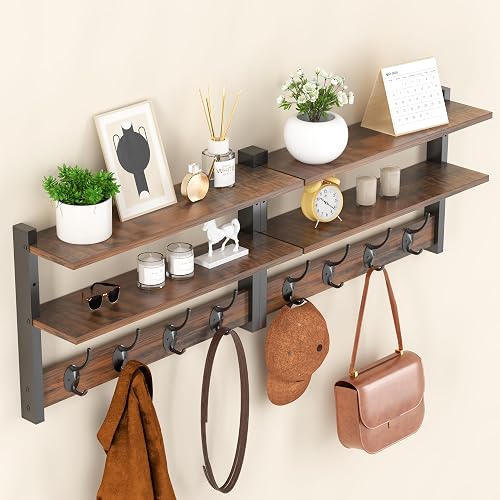 Orapoke 2 Tier Coat Rack Wall Mount with Shelf, 33" Wall Shelf with Hooks, Entryway Key Holder for Wall with 8 Heavy Duty Double Hooks, Coat Hook Wall Mounted for Bedroom, Living Room, Rustic Brown