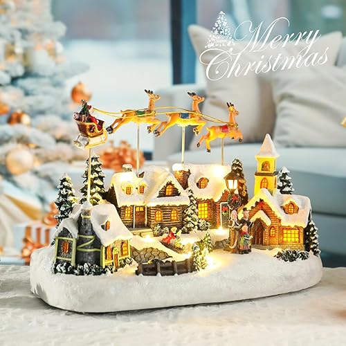 Miniatura 2 de WONDER GARDEN Edificios coleccionables de pueblo navideño, Papá Noel montando en trineo con 3 alces cálidos adornos de Navidad para decoraciones