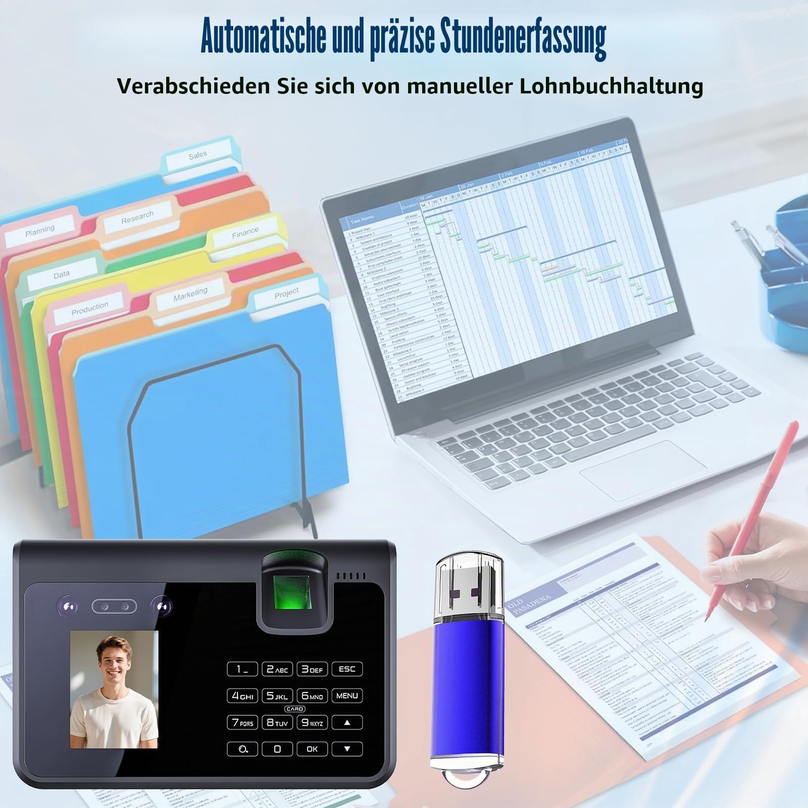 Zeiterfassung für Kleinbetriebe, 4-in-1 Innovatives Zeiterfassungsgerät mit Gesichtserkennung, Fingerabdruck, Palmvene & PIN, Biometrische Zeiterfassung mit USB-Export, Kein Netzwerk Erforderlich