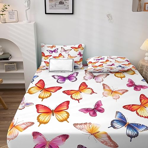 Miniatura 2 de Juego de sábanas de mariposa tamaño Queen, sábanas de mariposas coloridas, sábanas y fundas de almohada de 4 piezas, sábana bajera ajustable de