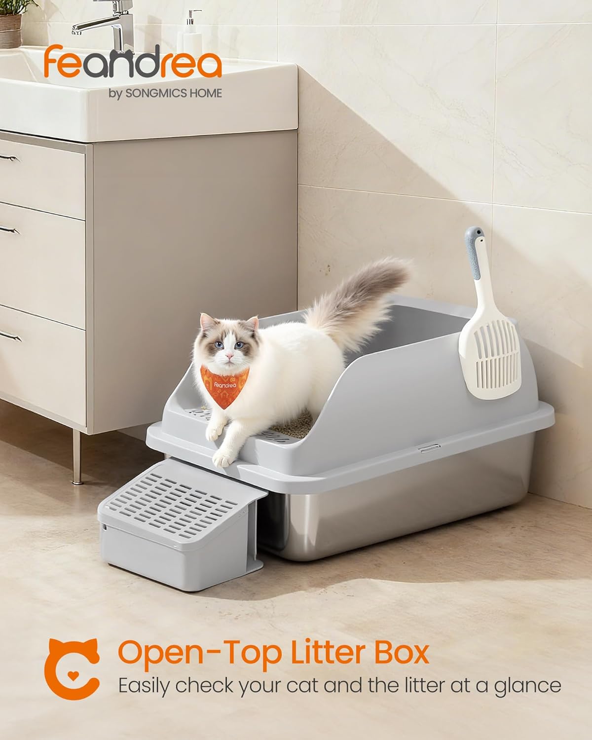 feandrea stainless steel cat litter box with open top, high sided litter tray with step, scoop, brush, for cats up to 33 lb, dove gray uppt008gd01 1 pack dove gray