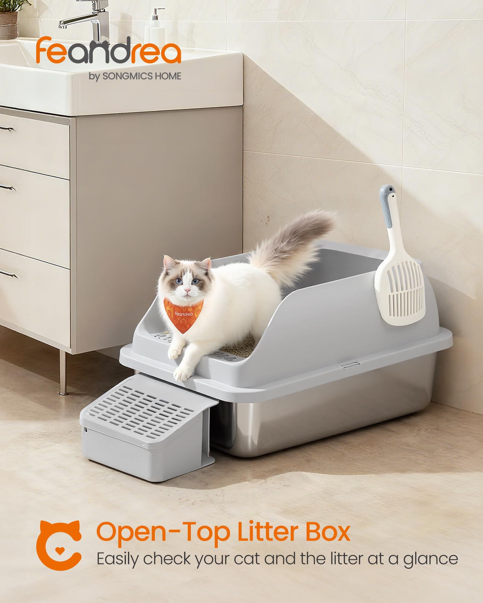 Feandrea 2 Pack Stainless Steel Cat Litter Boxes with Open Top, High Sided Litter Trays with Step, Scoop, Brush, for Cats up to 33 lb, Dove Gray UPPT012GD01 - image 2