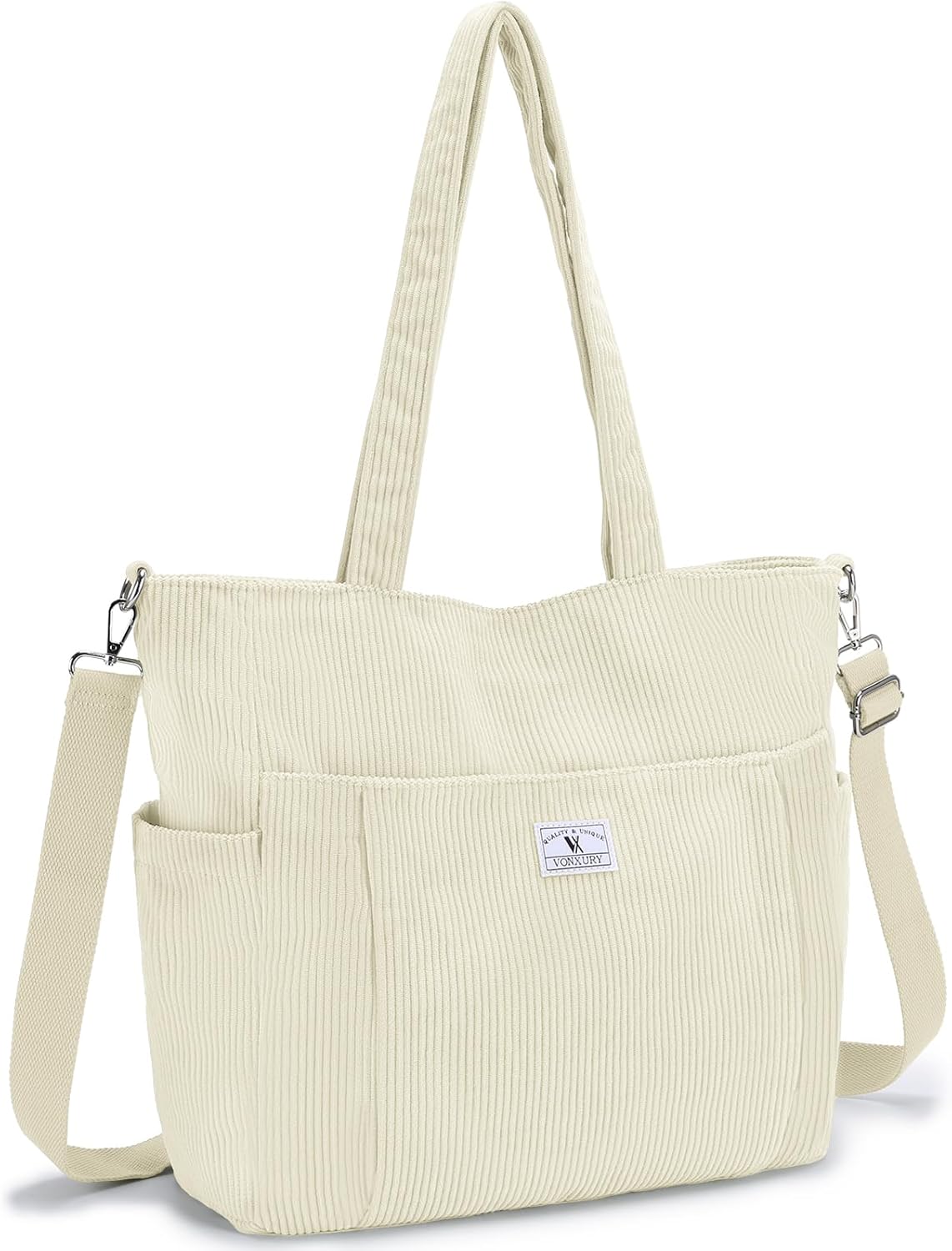 VX VONXURY Large Corduroy Tote Bag for Women, Shoulder Bag with Multi Pockets Lightweight Handbag for Work College Travel