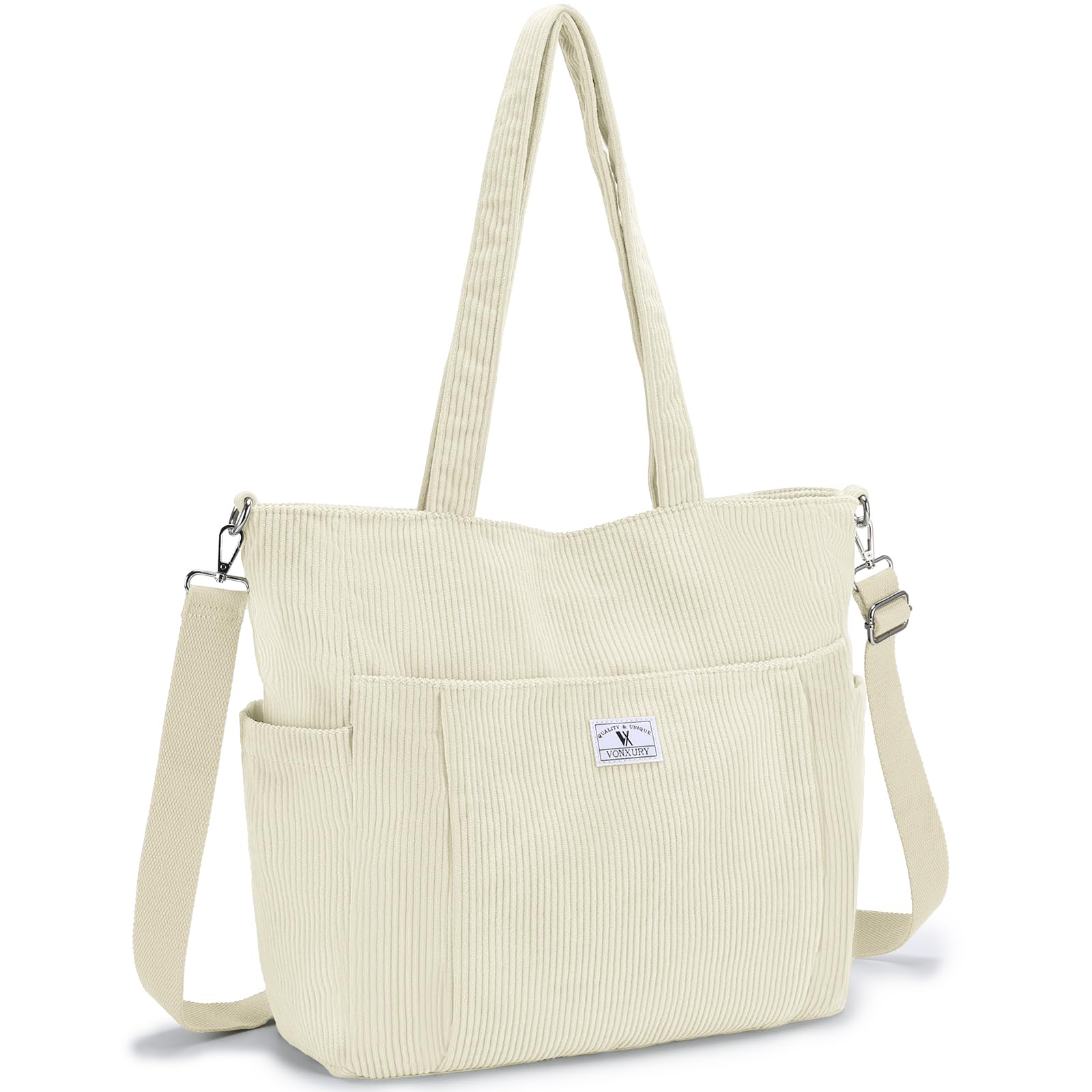 VX VONXURY Sac Cabas Femme Velours Côtelé Sac a Main Femme avec Multi-Poches Sac Bandoulière avec Sangle Réglable pour Travail Voyage Université