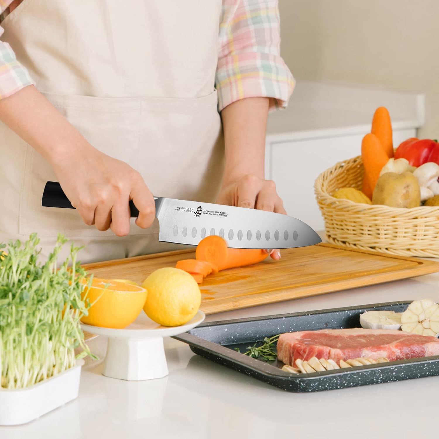 TUO Santoku Knife Pro Asian Chef Knife 7 inch Kitchen Knife Non-stick Cooking Knife for Vegetables Fruits Meat, AUS-8 Stainless Steel with Ergonomic Handle Gift Box, Ring Lite Series