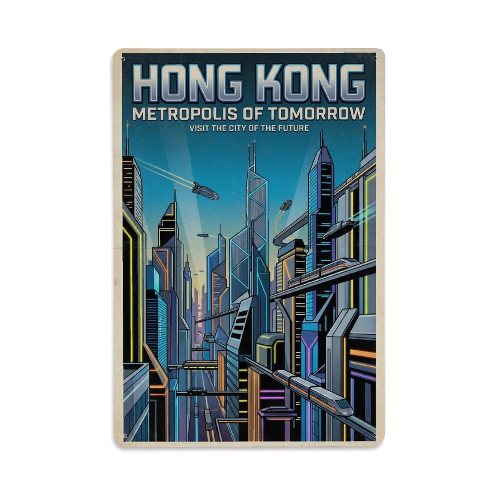 Gead 8X12inch Style Vintage Travel Hong Kong Metropolis Metal Tin Sign