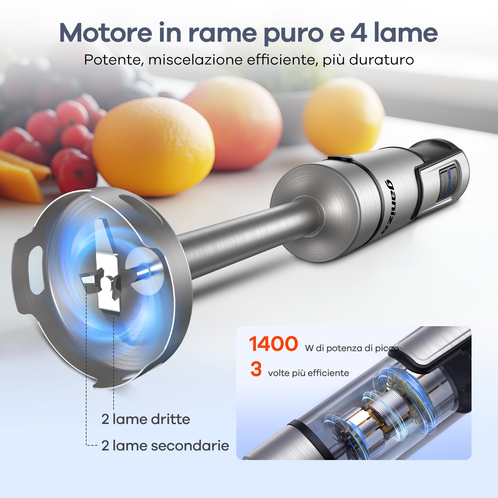 Ganiza Frullatore a immersione 5 in 1, 1200 W con controllo della velocità e modalità Turbo, in acciaio inossidabile, completo di tritatutto, frusta, montalatte e misurino, ideale per zuppe e frullati