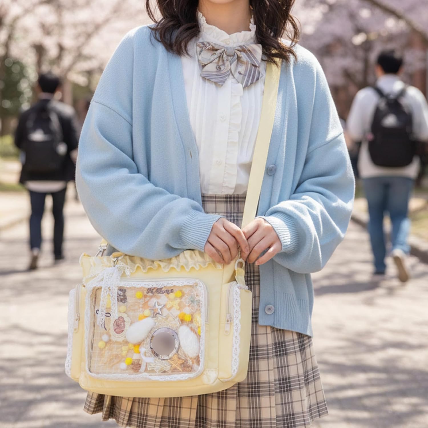 Ita Bag, Kawaii Lace Ruffle Nylon Japanese Pin Bag with Side & Front Clear Display Adjustable Straps Y2k Cute Messenger Handbag for Girls, Yellow image 2
